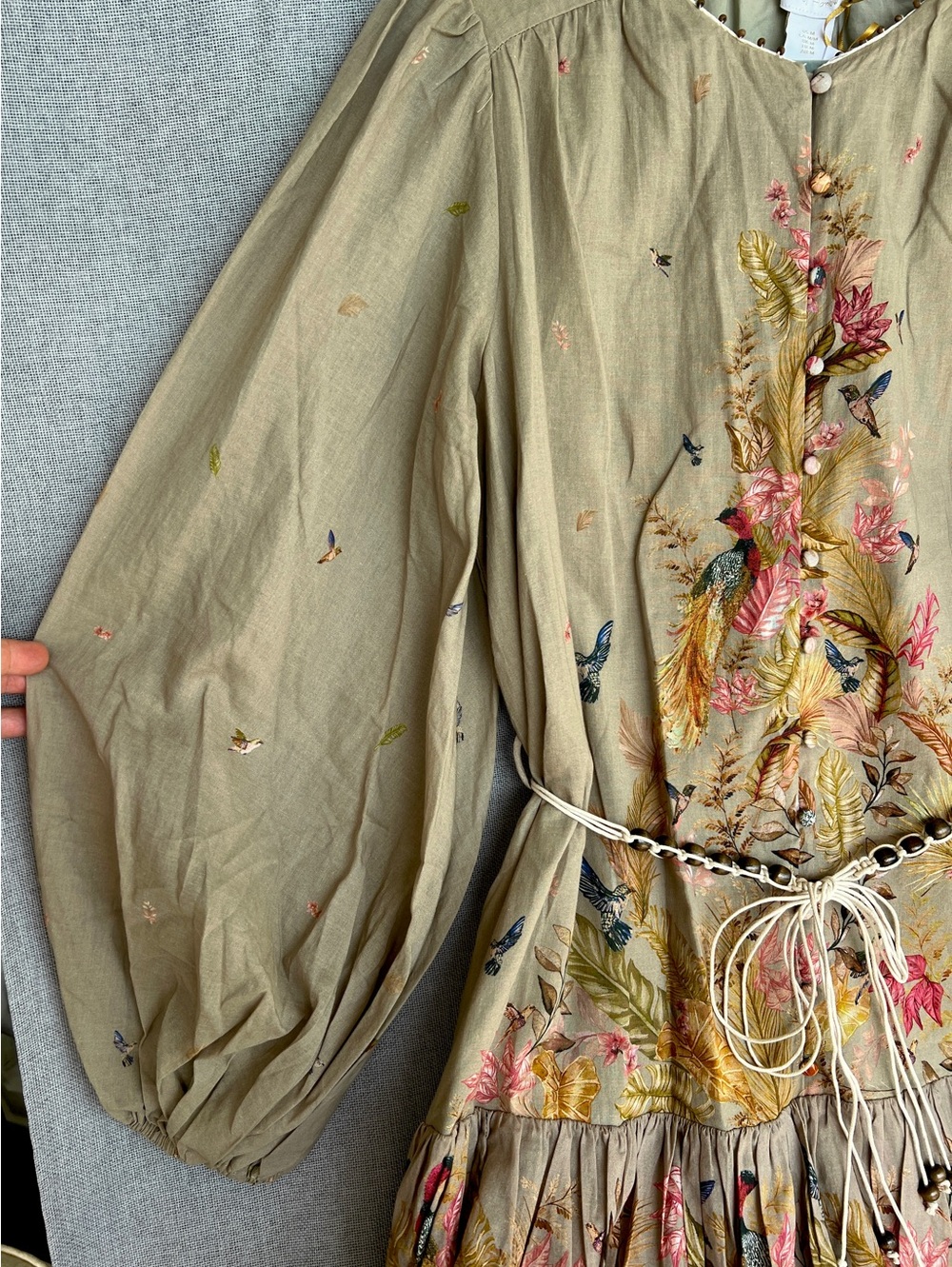 House of Harlow 1960 Floral Birds  wide long sleeve belted mini dress size M - Picture 7 of 16